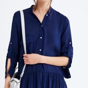 Zara Navy Blue Long Sleeve Silk Dress Sz XS Pockets Oversize Long Dress 7986/024